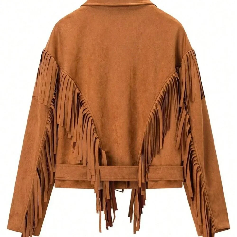 Khaki Casual Women's Lapel Tassel Wide Shoulder Streetwear Jacket - Picture 2 of 10